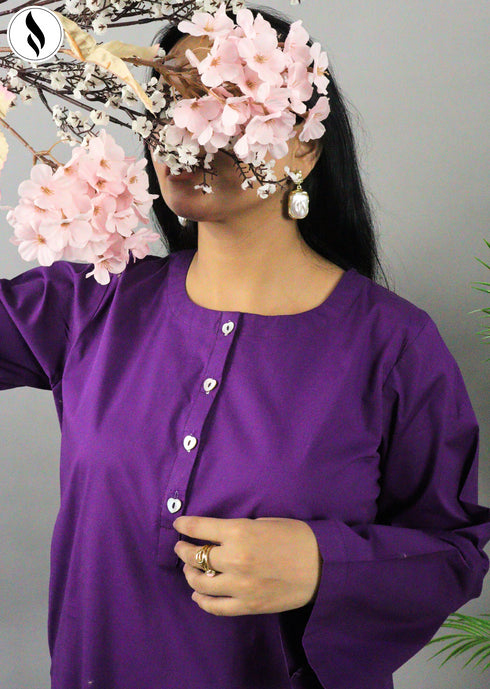 NZSC-1508 Stiched 2 Piece Dark Parrple Co Ord Set Cotton